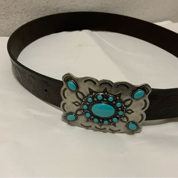 Unbranded embossed leather belt with silvertone and turquoise buckle 43” long - Picture 1 of 6